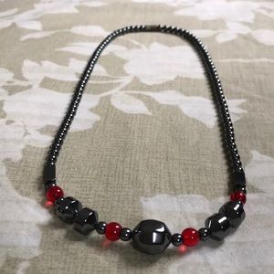 Beaded Handmade Necklace Hematite/Red Beads